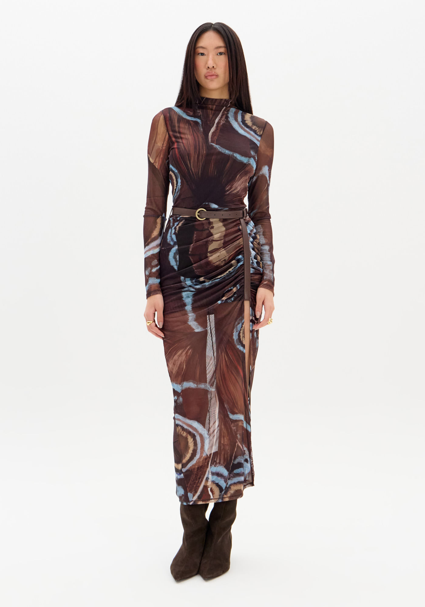 Vestido Super Midi Estampado Manga Longa Com Cinto