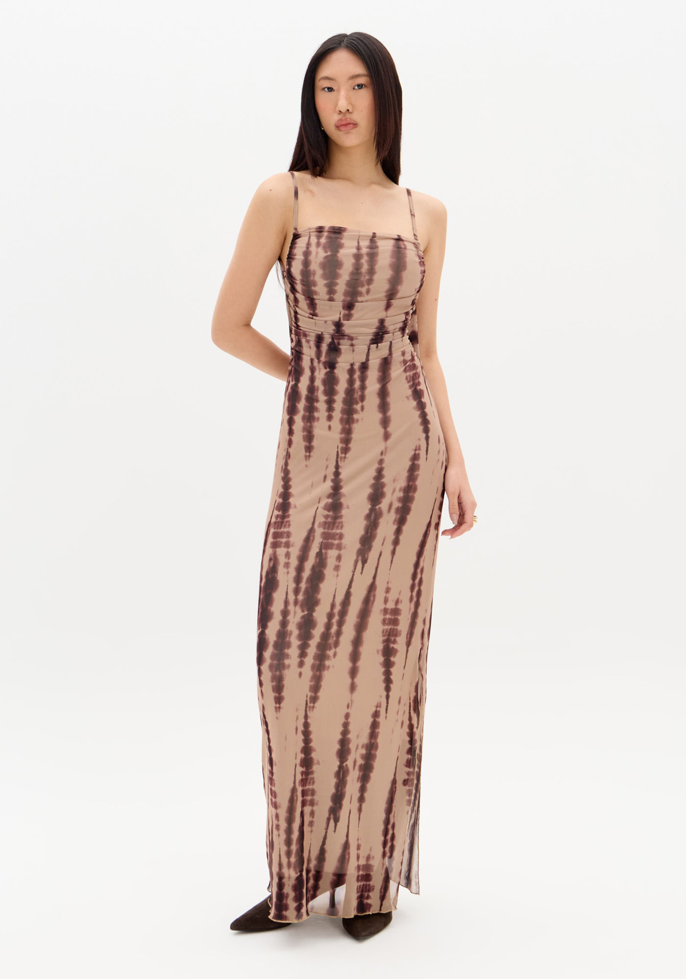 Vestido Longo De Alça Estampado Com Tule