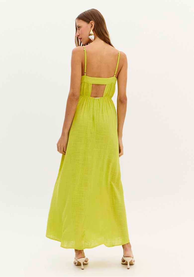 Costas do vestido super midi amarelo com abertura retangular e alças finas