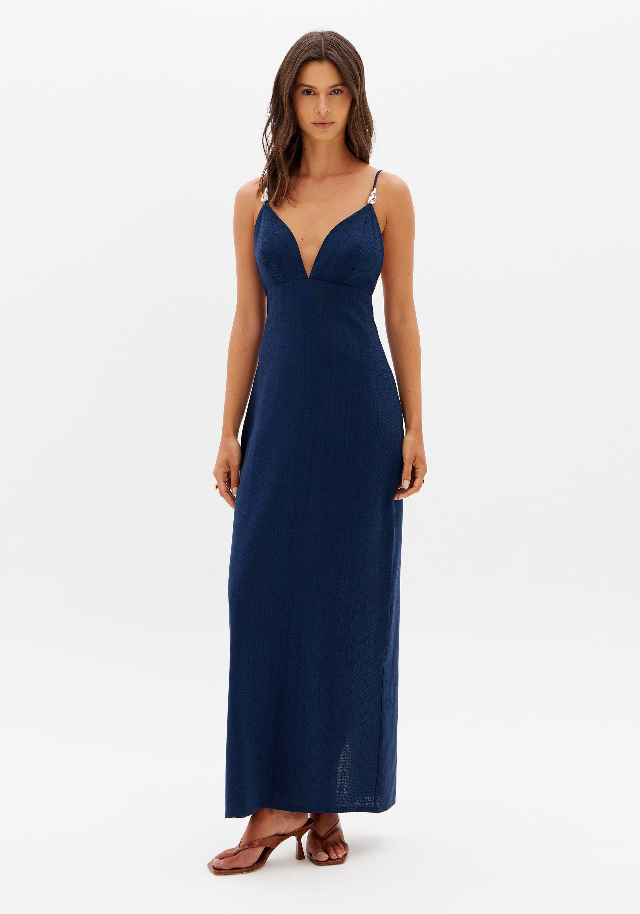 Vestido Super Midi De Alça Com Linho