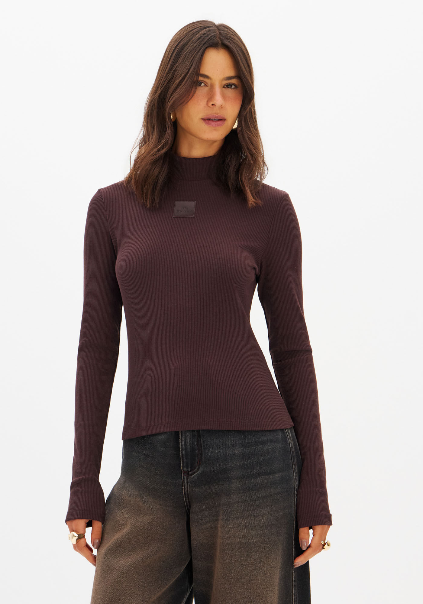Blusa Manga Longa Gola Alta Canelada