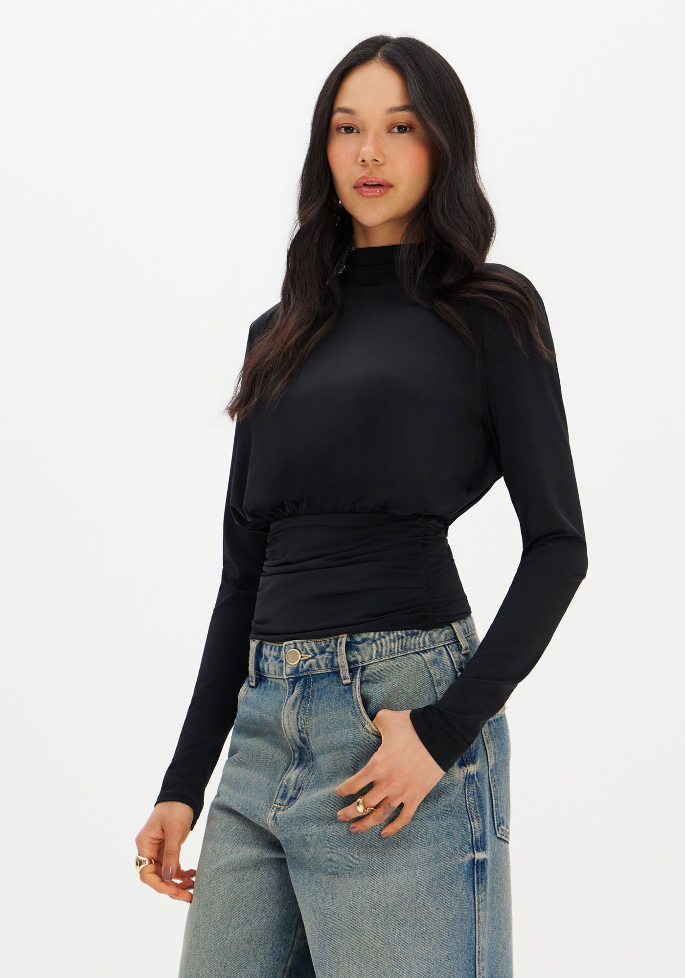 Blusa Manga Longa Com Drapeado