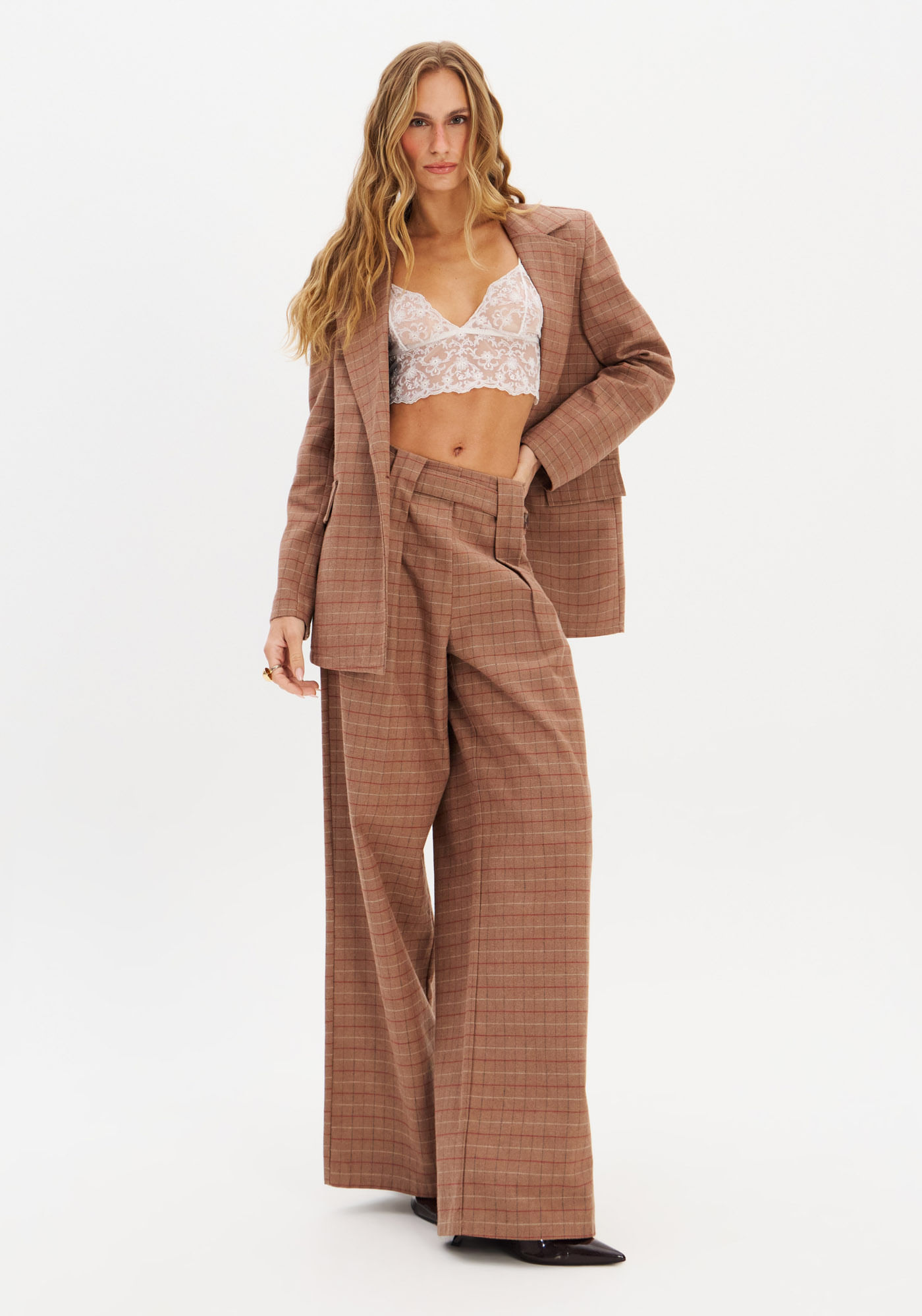 Calça Wide Leg Xadrez Cintura Média
