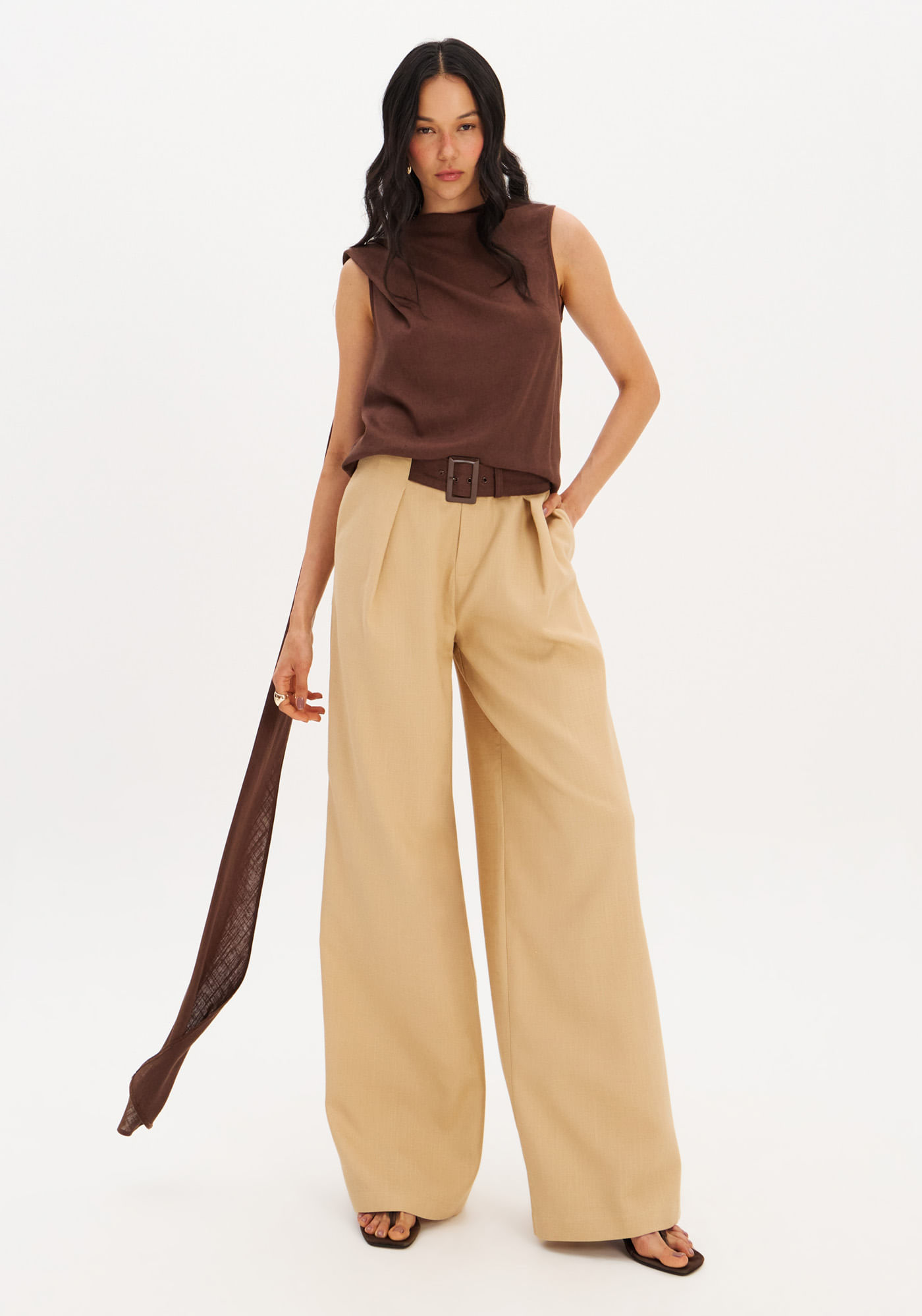 Calça Wide Leg Com Linho