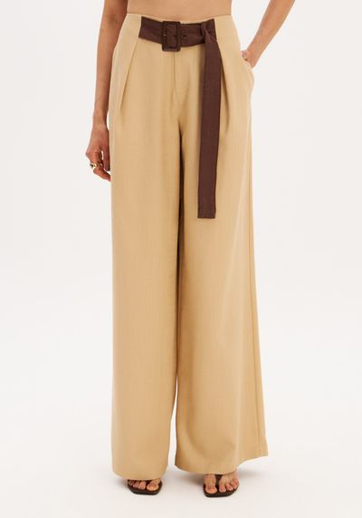 Calça Wide Leg Com Linho