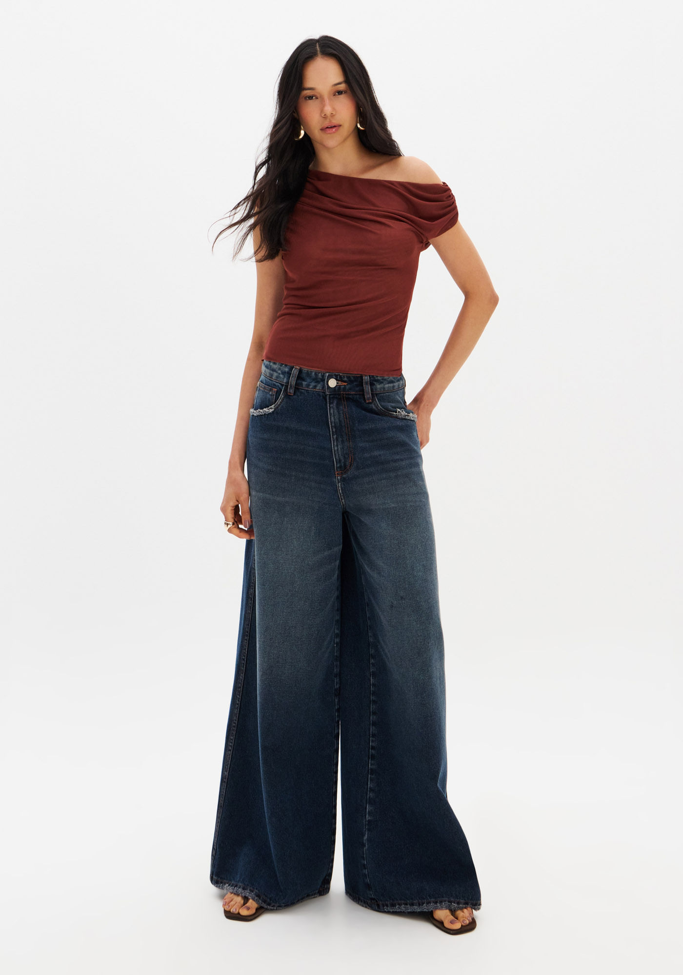 Calça Jeans Palazzo Cintura Média