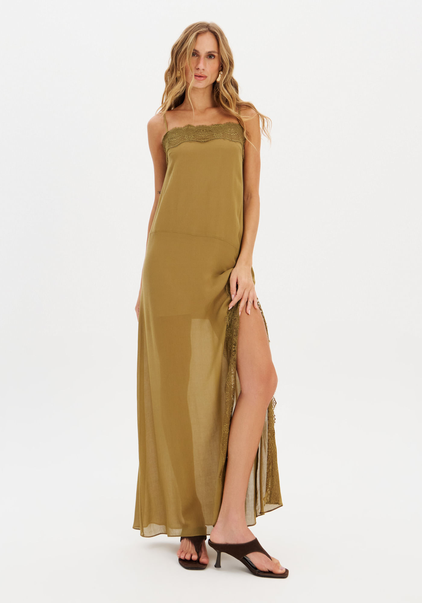 Vestido Super Midi De Alça Com Renda