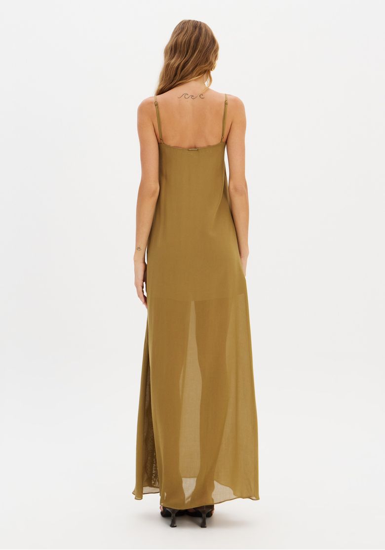 Vestido super midi verde com alças finas e detalhes em renda, vista traseira.