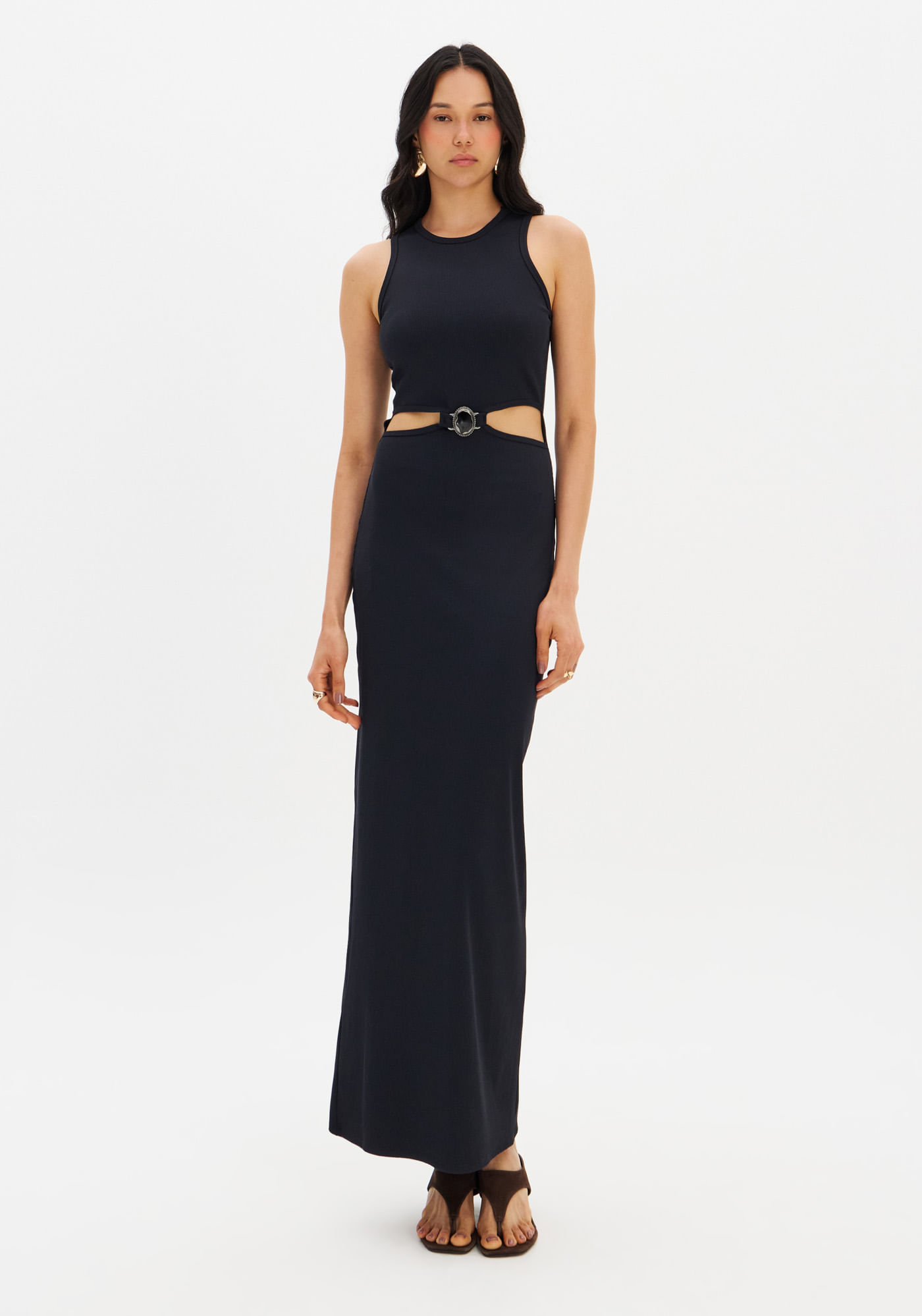 Vestido Super Midi Com Cut Off Canelado