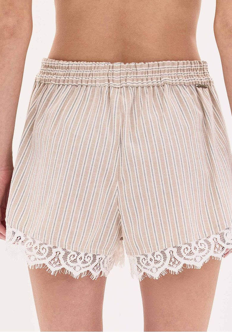 Vista traseira do short boxer listrado com cós elástico e amarração.