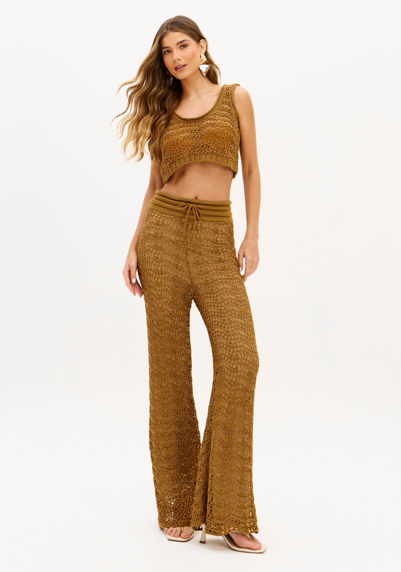 Calça Reta Tricô Cós Largo