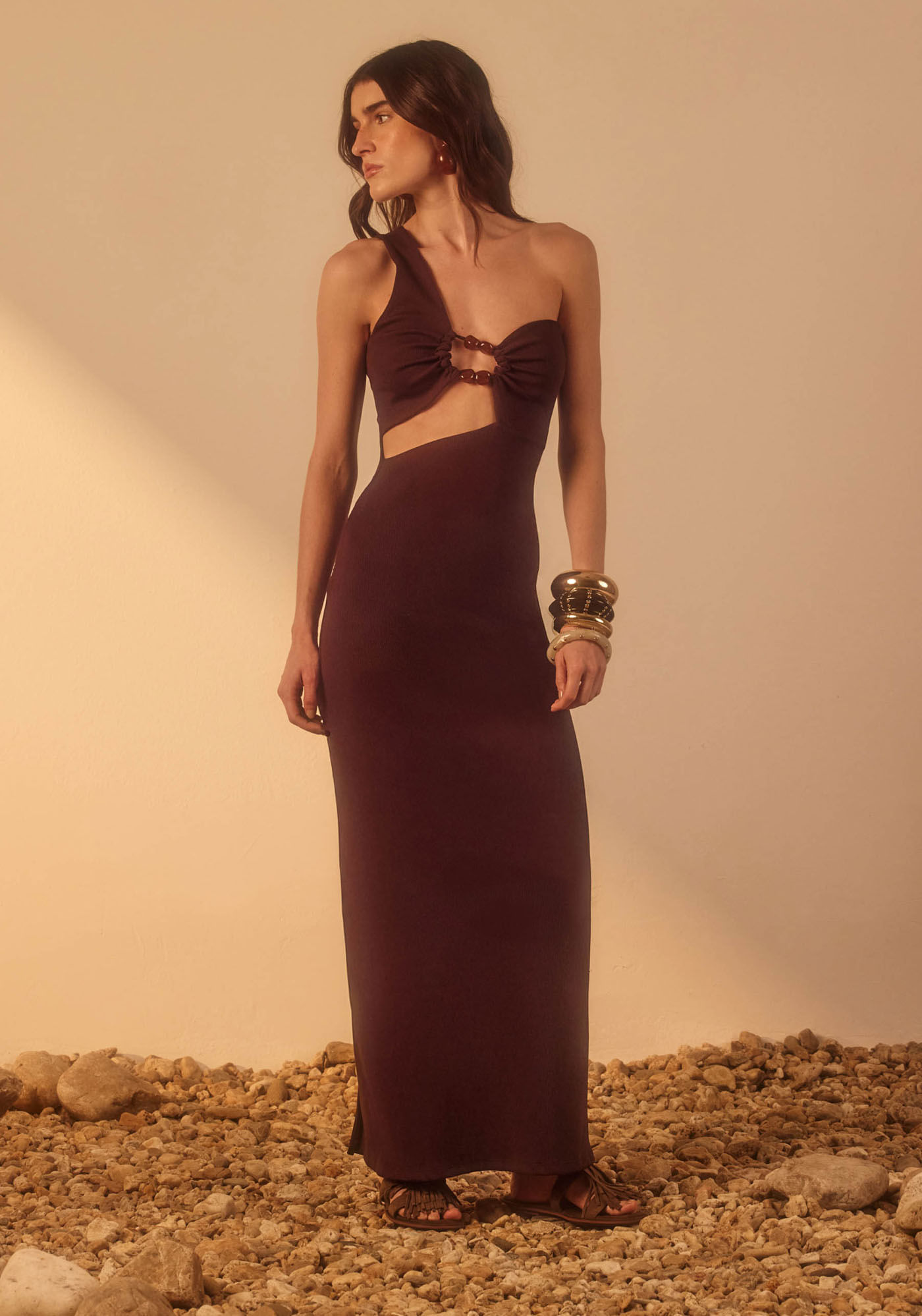 Vestido Ombro Único Canelado Super Midi