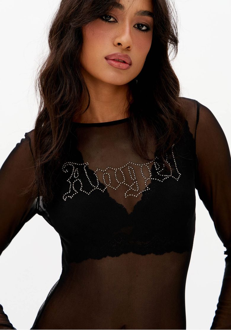 Close-frontal-de-blusa-feminina-preta-em-tule-transparente-com-brilho-aplicado-e-gola-redonda