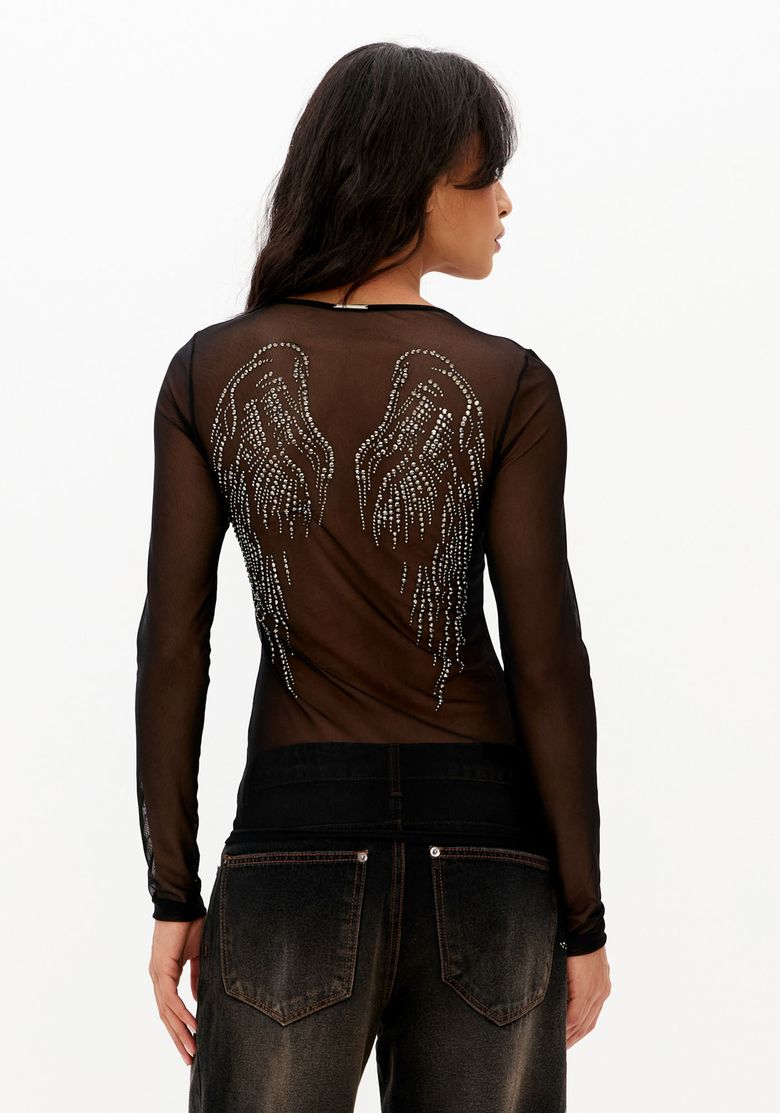 Costas-da-blusa-feminina-manga-longa-de-tule-preto-transparente-com-desenho-de-asas-em-brilho
