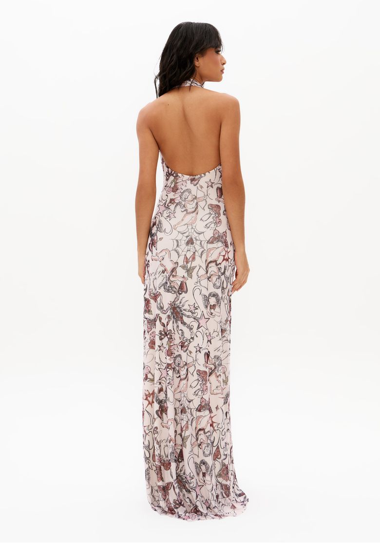 Vista-traseira-de-vestido-longo-frente-unica-off-white-com-costas-abertas-e-modelagem-ajustada