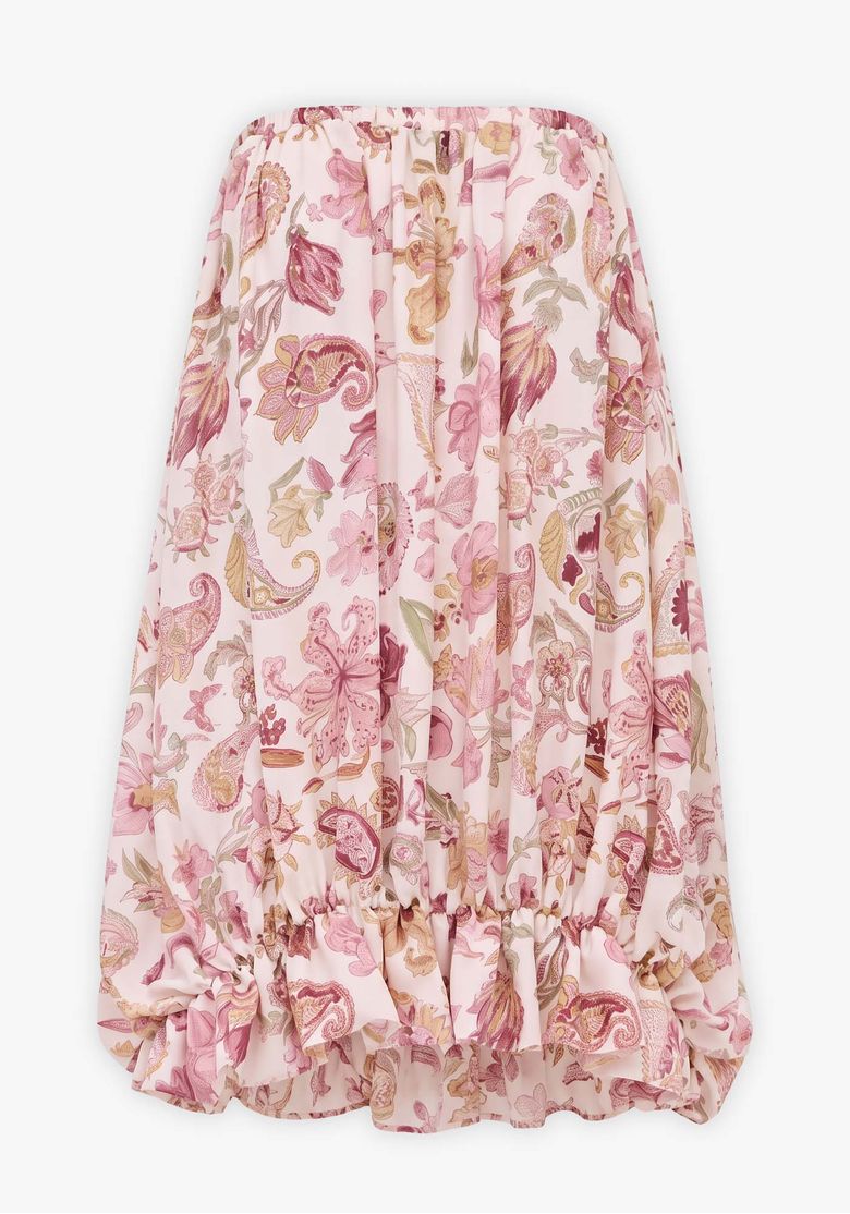 Foto still do vestido curto balonê sem manga estampado branco com estampa ornamental rosa