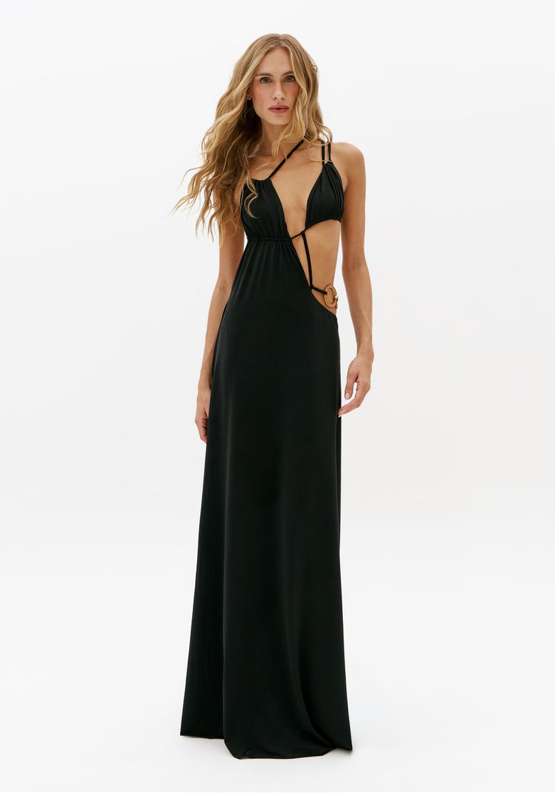 Vestido longo preto de alça fina em malha pesada com decote profundo e recortes laterais, vista frontal completa