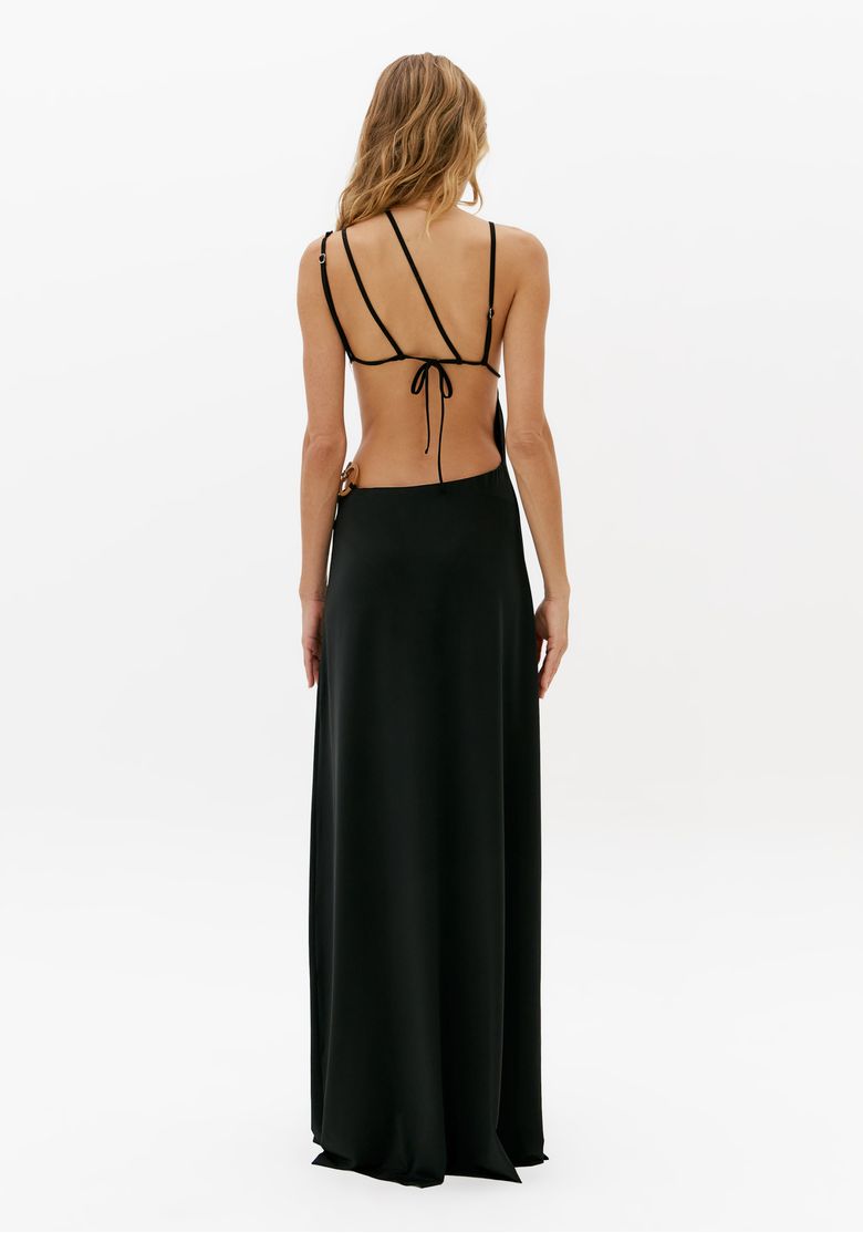 Vestido longo preto com costas abertas e amarração, vista traseira completa em malha pesada