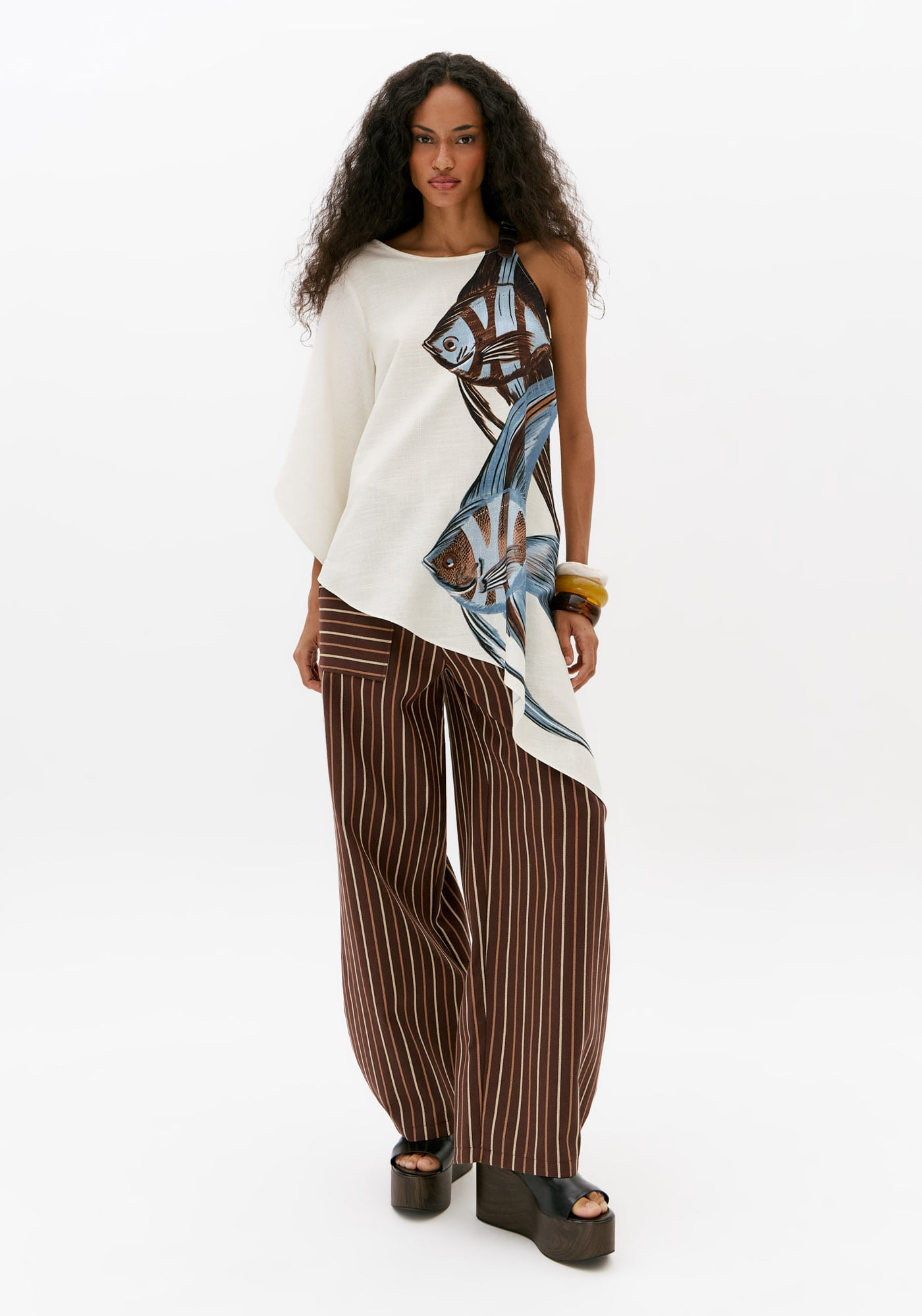 Calça Barrel Listrada Em Algodão