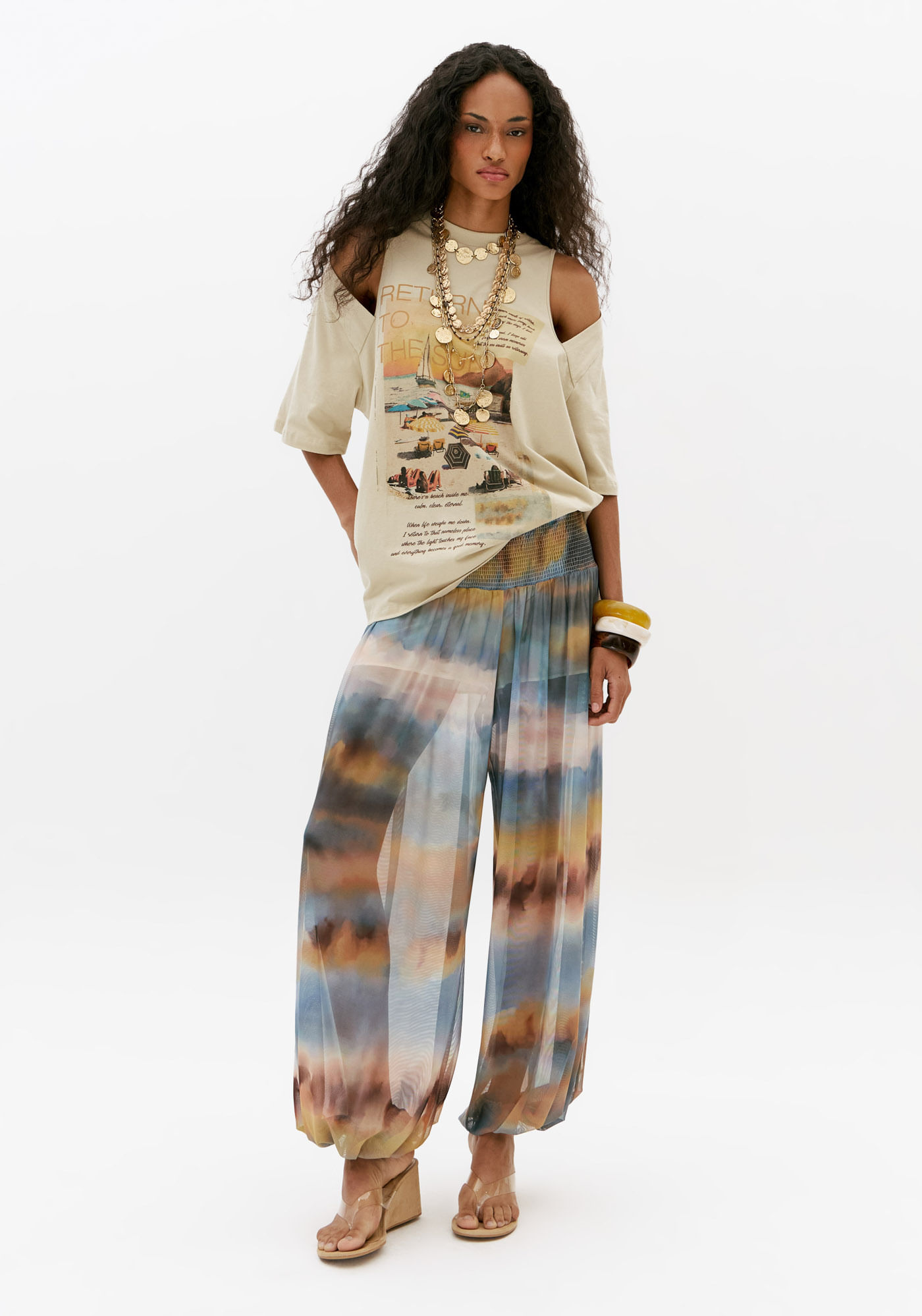 Calça Aladim Tule Com Pala De Lastex Estampada