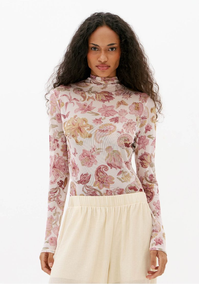Blusa-feminina-justa-de-tule-estampada-floral-branca-com-gola-alta-e-manga-longa-vista-frontal